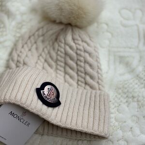 Moncler Cream Cable Knit Beanie with Pom-Pom